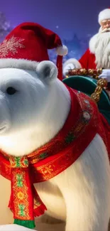 Santa rides a polar bear in a festive Christmas scene.