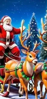 Santa on sleigh with reindeer in snowy Christmas scene.