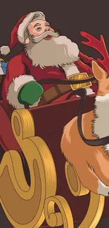 Santa in sleigh with corgi on festive wallpaper background.