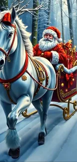 Santa Claus riding a sleigh pulled by a white horse in a snowy forest.