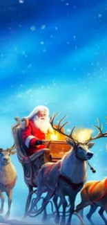 Santa Claus with sleigh and reindeer under a starry blue sky.