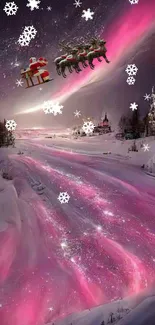 Santa flying over pink snow with reindeer and snowflakes under a starry sky.