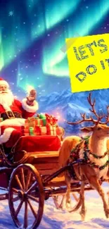 Santa Claus in sleigh under northern lights, saying 'Let's do it!'