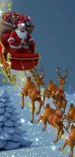 Santa Claus flies over snow with reindeer in a magical winter scene.