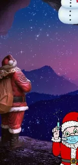 Santa Claus stands under a starry sky with festive decorations.