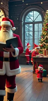 Santa in a room with elves, reading by a Christmas tree.