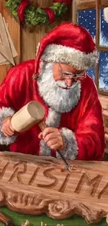 Santa Claus carving Christmas in his workshop with snow outside.