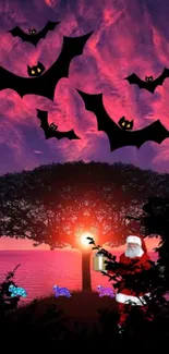 Santa with bats under a tree against a vibrant sunset background.