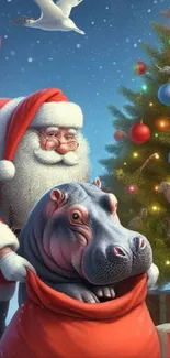 Santa Claus with a hippo and a beautifully decorated Christmas tree.