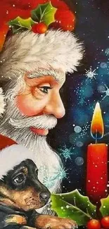 Santa with a puppy by a candle, festive Christmas art.