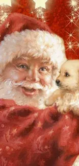 Santa with a puppy under stars on a red festive background.