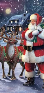 Santa Claus with reindeer in snowy Christmas scene.