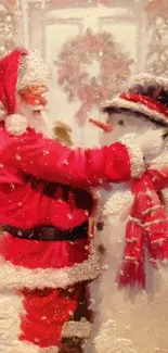 Santa Claus embraces snowman in a snowy festive scene.