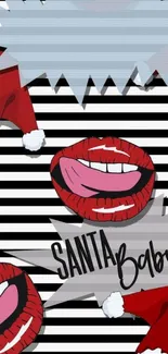 Pop art wallpaper with Santa hats, red lips, and striped background.