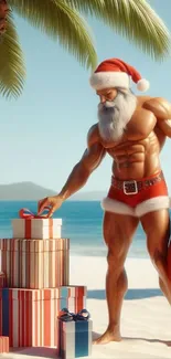 Santa Claus in red outfit on a tropical beach with gift boxes under a palm tree.