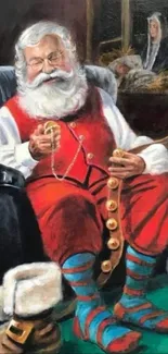 Santa Claus sitting with Christmas decorations and gifts.