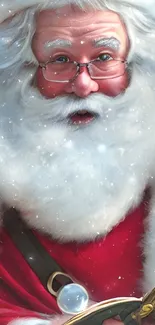 Santa Claus reading a book with snowflakes around.