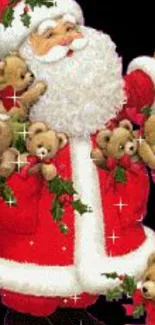 Santa Claus with teddy bears and holly on festive wallpaper.