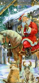 Santa Claus on a horse with reindeer in a snowy setting.