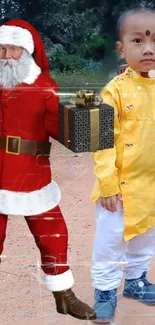 Santa Claus with gift and child in festive clothing.