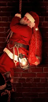 Santa Claus climbing a dimly lit brick wall with a lantern.