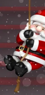 Santa Claus climbing rope with a festive background.