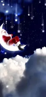 Santa Claus resting on a crescent moon in a starry, cloud-filled night sky.