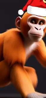 Orange monkey wearing Santa hat on dark background.