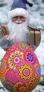 Santa with pink and colorful Easter egg in snowy backdrop.