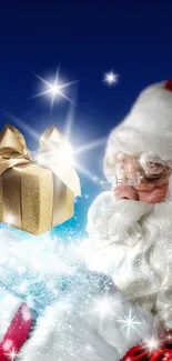 Santa with magical gift and stars Christmas wallpaper.