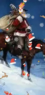 Santa Claus on a horse in a snowy landscape at night.