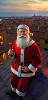 Santa Claus standing on a rooftop at night during Christmas.