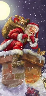 Santa Claus delivering gifts on snowy rooftop at night.