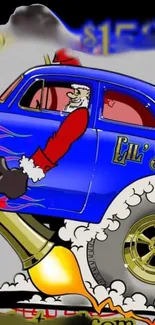 Santa Claus driving a blue cartoon car with a rocket engine in a festive design.