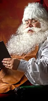 Santa Claus reading a book in a festive mobile wallpaper.