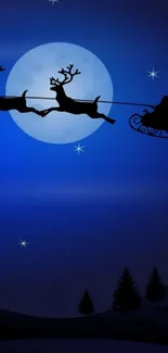 Silhouette of Santa and reindeer flying in a blue night sky.