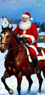 Santa Claus joyfully riding a horse in a snowy village.