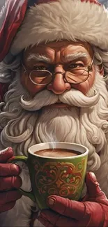 Santa Claus enjoying a warm mug of cocoa in a festive setting.