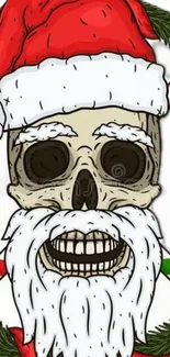 Skull with Santa hat and beard, candy canes background.