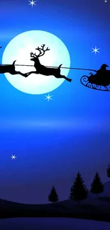 Santa's sleigh silhouette against a blue night sky with full moon.