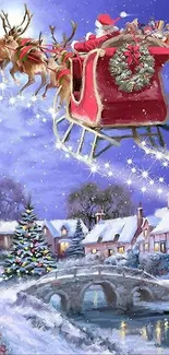 Santa's sleigh flying over a snowy village at night.