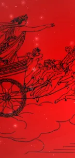 Festive red wallpaper with Santa's sleigh and a glowing Christmas tree.