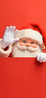 Santa Claus waves against a red background.