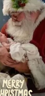 Santa Claus holding a newborn baby, Christmas theme wallpaper.