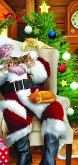 Santa Claus napping with cats in a cozy Christmas setting.