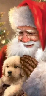 Santa Claus with a puppy in a festive scene.