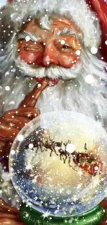 Santa holding a snow globe with falling snowflakes.