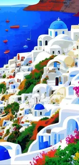 Santorini's blue domes and white buildings against the Aegean Sea in a vibrant chic image.