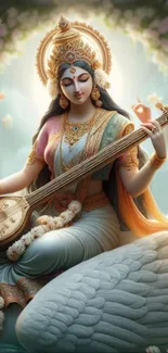 Saraswati goddess playing veena in serene wallpaper.