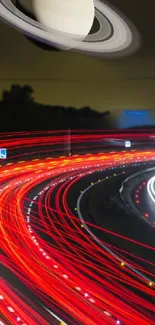 Saturn hovering over vibrant highway light trails.